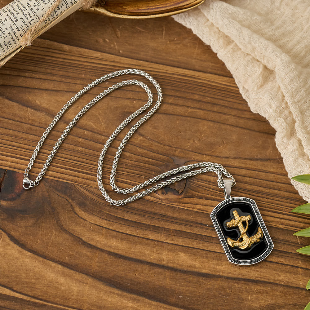 Anchor Cross Greek Key Dog Tag Pendant Necklace: Emblem of Faith & Steadfast Hope