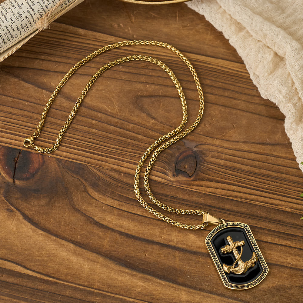 Anchor Cross Greek Key Dog Tag Pendant Necklace: Emblem of Faith & Steadfast Hope