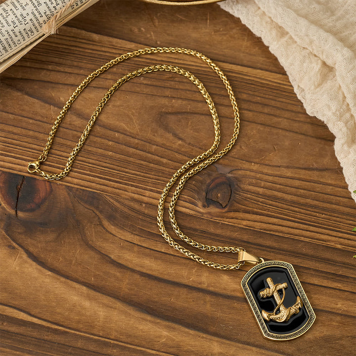 Anchor Cross Greek Key Dog Tag Pendant Necklace: Emblem of Faith & Steadfast Hope
