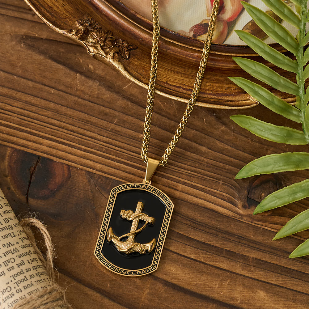 Anchor Cross Greek Key Dog Tag Pendant Necklace: Emblem of Faith & Steadfast Hope
