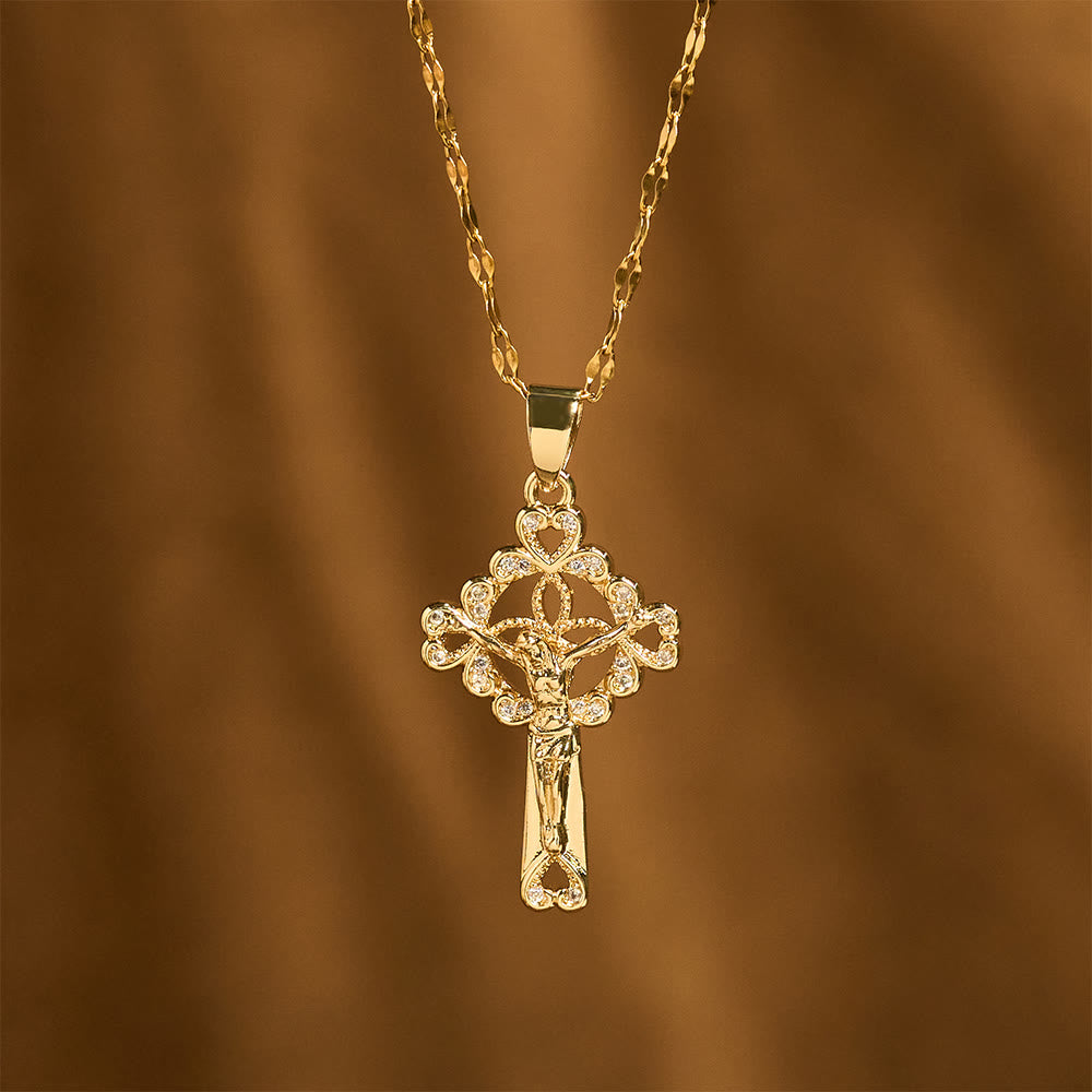 CZ-Encrusted Crucifix Key Pendant Necklace: Emblem of Redemptive Grace & Faith