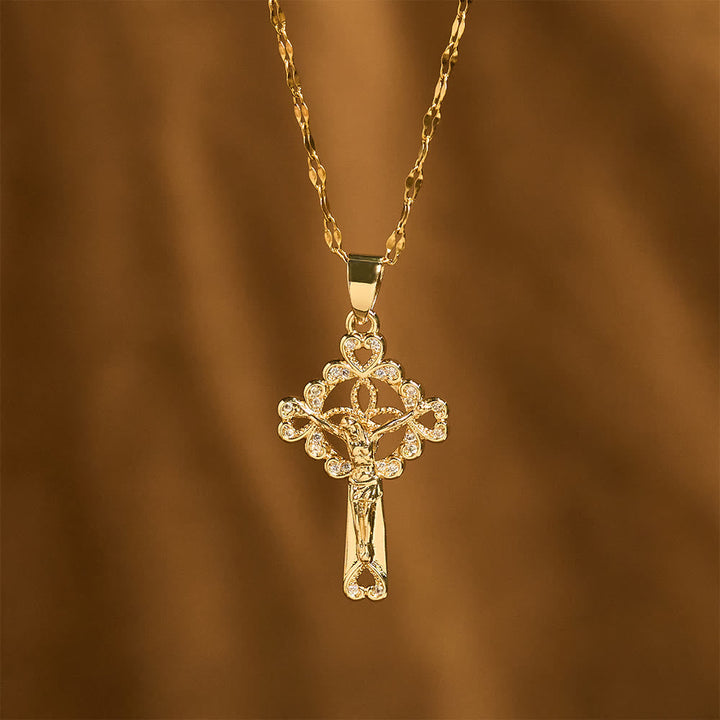 CZ-Encrusted Crucifix Key Pendant Necklace: Emblem of Redemptive Grace & Faith