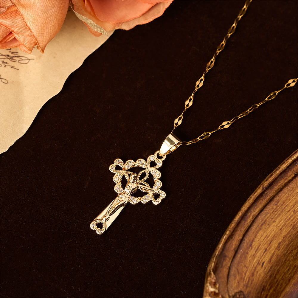 CZ-Encrusted Crucifix Key Pendant Necklace: Emblem of Redemptive Grace & Faith