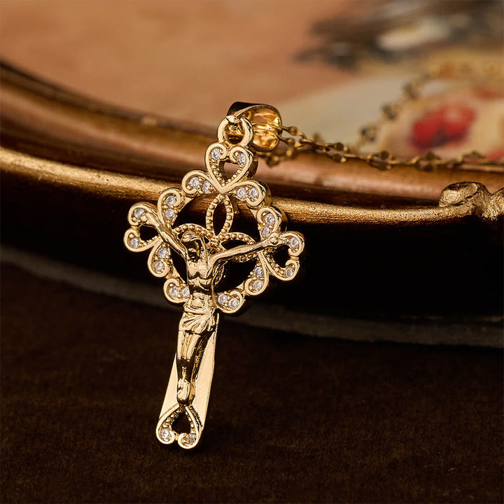 CZ-Encrusted Crucifix Key Pendant Necklace: Emblem of Redemptive Grace & Faith