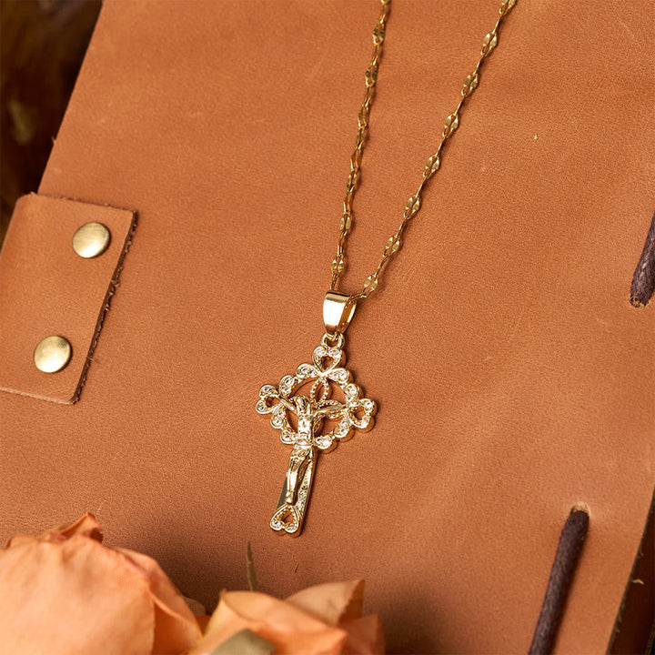 CZ-Encrusted Crucifix Key Pendant Necklace: Emblem of Redemptive Grace & Faith