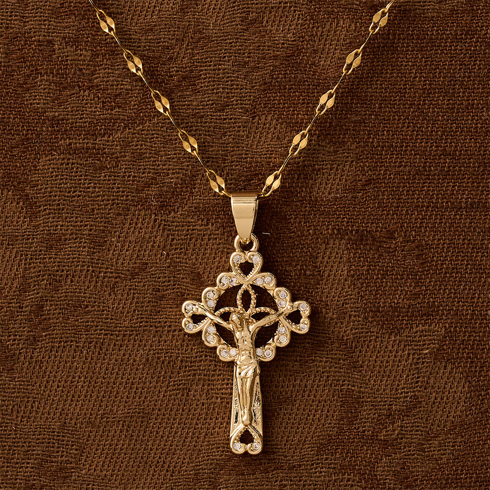 CZ-Encrusted Crucifix Key Pendant Necklace: Emblem of Redemptive Grace & Faith