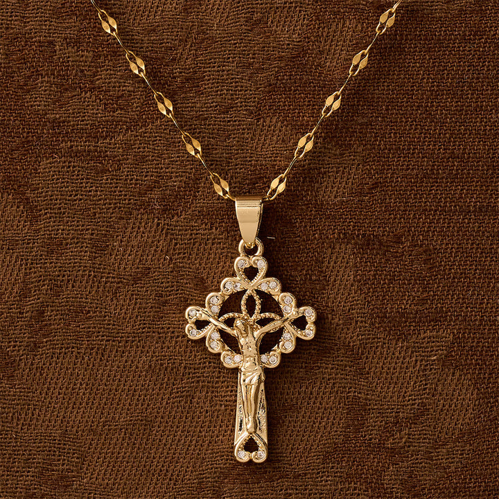 CZ-Encrusted Crucifix Key Pendant Necklace: Emblem of Redemptive Grace & Faith