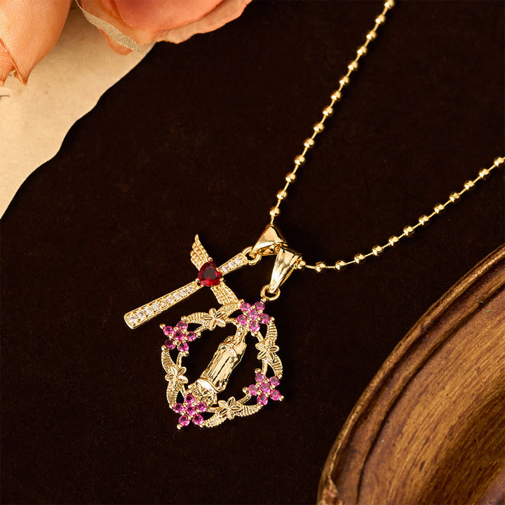 Ornate Our Lady & Winged Cross Faith Necklace Set: Emblem of Spiritual Protection
