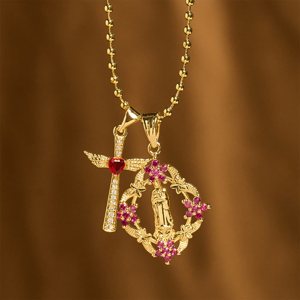 Ornate Our Lady & Winged Cross Faith Necklace Set: Emblem of Spiritual Protection