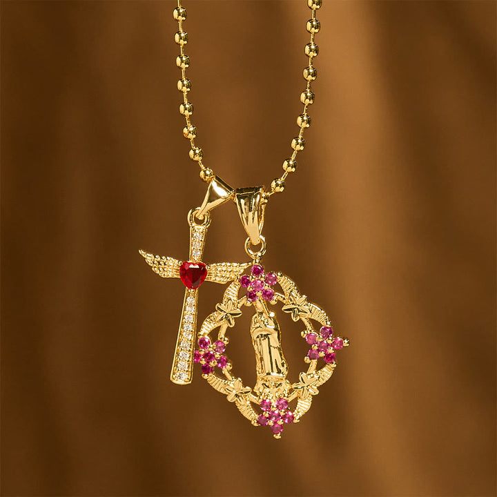 Ornate Our Lady & Winged Cross Faith Necklace Set: Emblem of Spiritual Protection