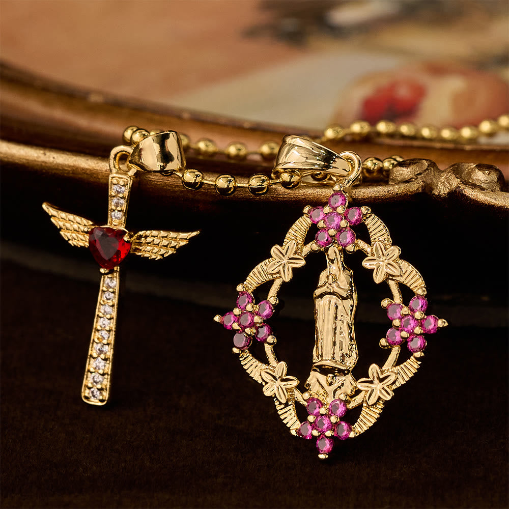 Ornate Our Lady & Winged Cross Faith Necklace Set: Emblem of Spiritual Protection