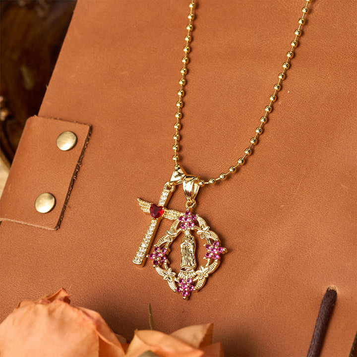 Ornate Our Lady & Winged Cross Faith Necklace Set: Emblem of Spiritual Protection