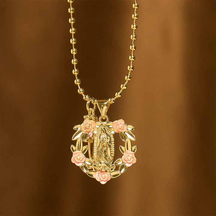 Ornate Our Lady & Winged Cross Faith Necklace Set: Emblem of Spiritual Protection