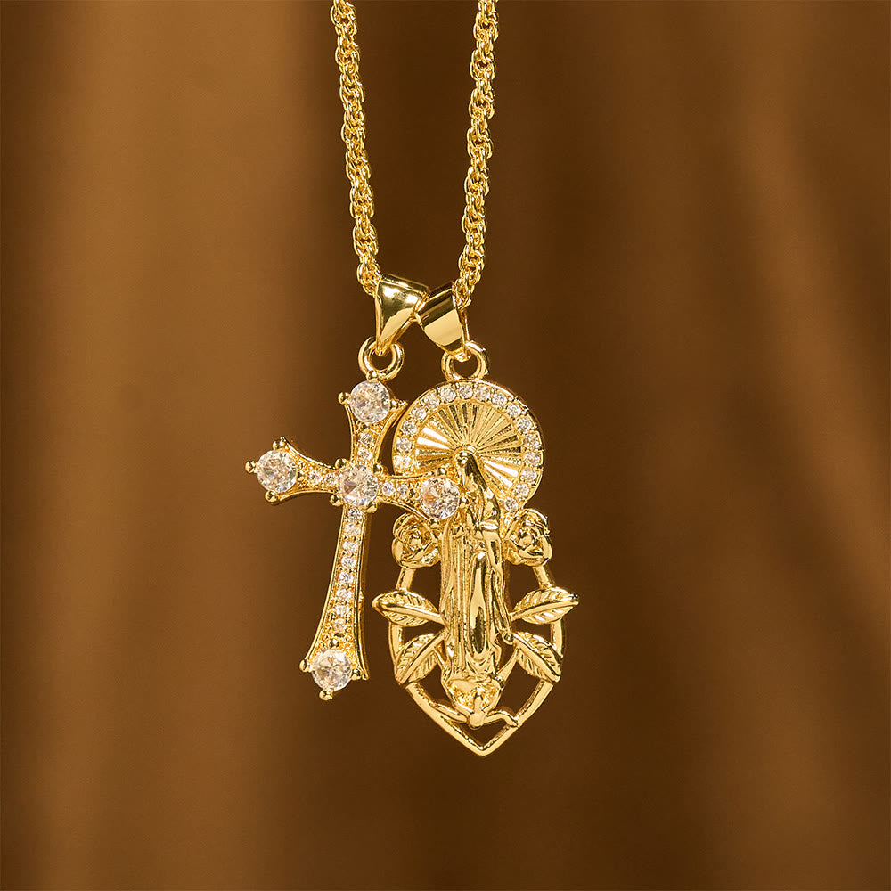 Ornate Our Lady & Winged Cross Faith Necklace Set: Emblem of Spiritual Protection