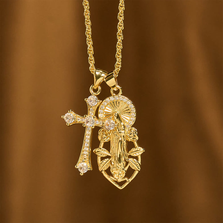 Ornate Our Lady & Winged Cross Faith Necklace Set: Emblem of Spiritual Protection
