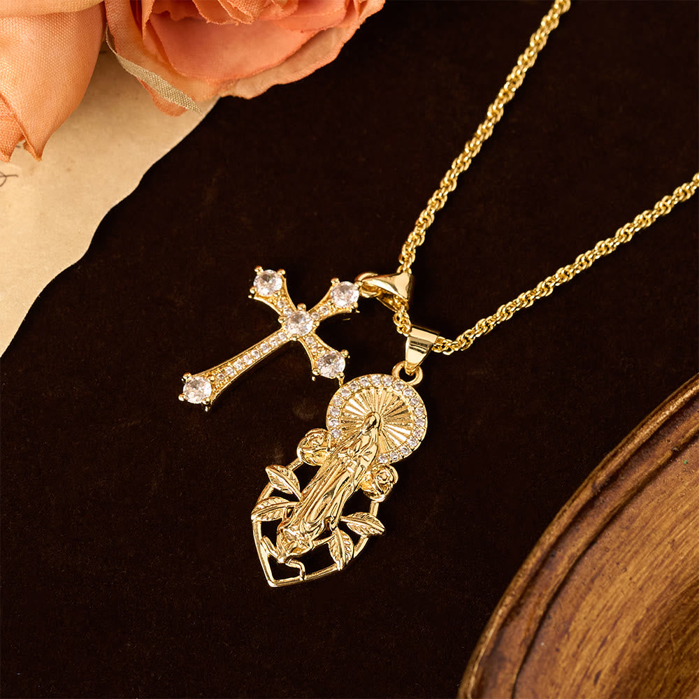 Ornate Our Lady & Winged Cross Faith Necklace Set: Emblem of Spiritual Protection