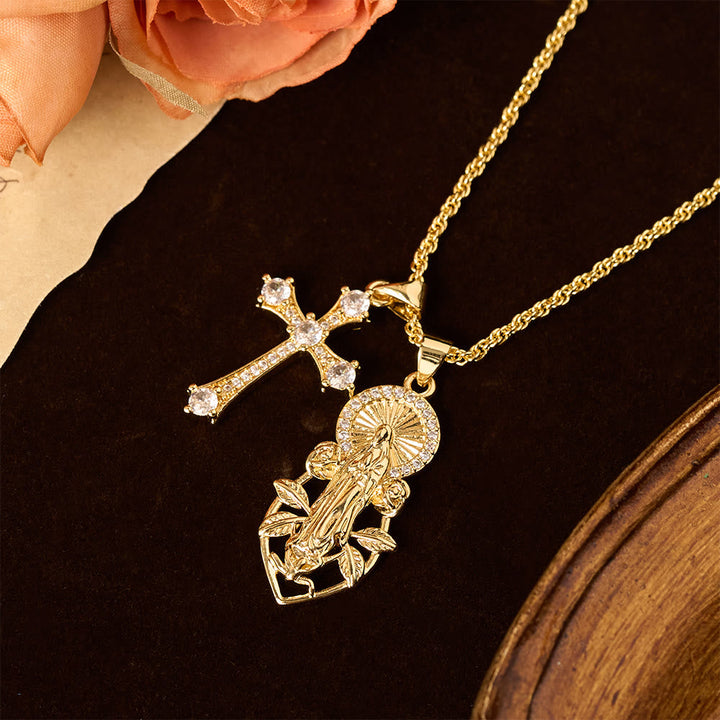 Ornate Our Lady & Winged Cross Faith Necklace Set: Emblem of Spiritual Protection