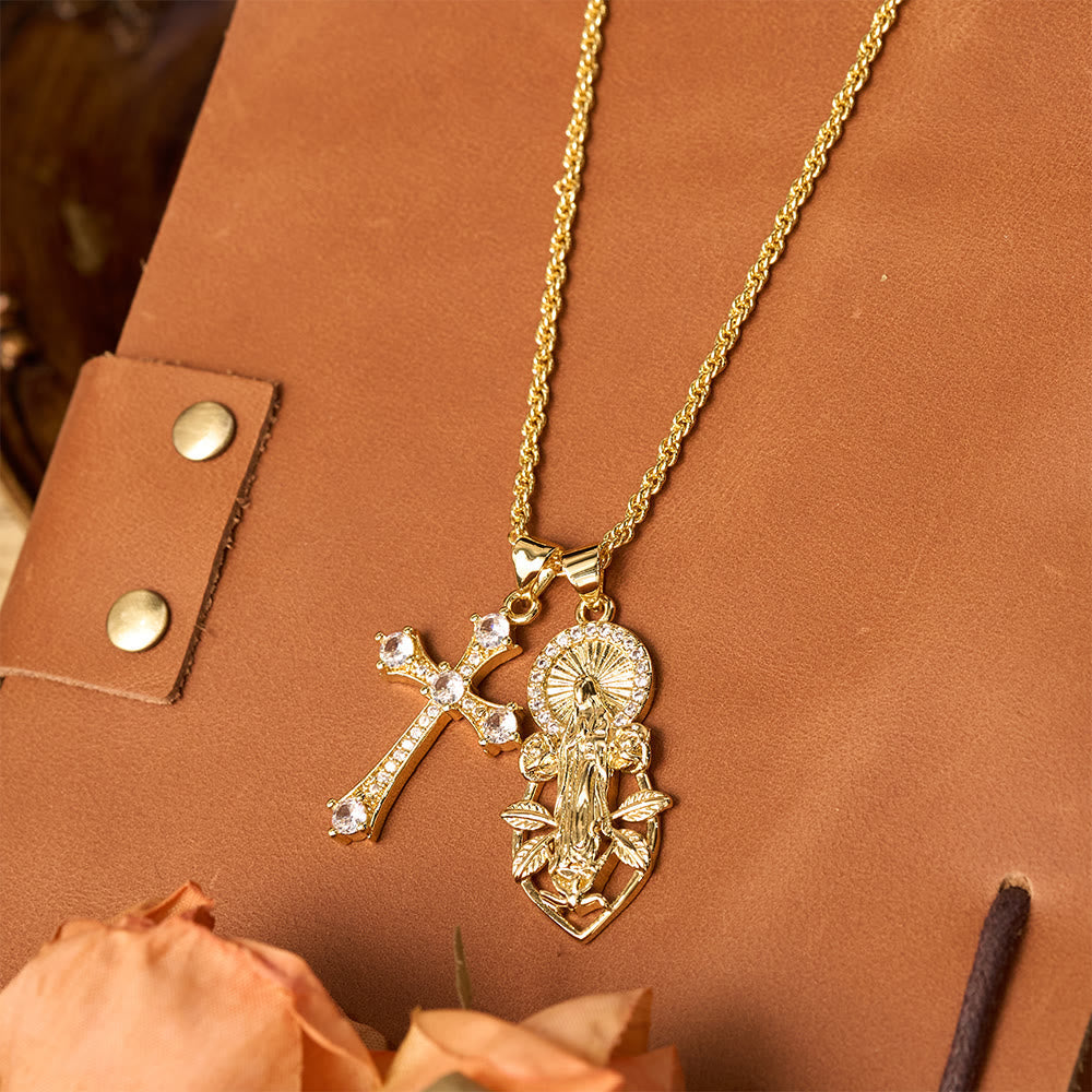 Ornate Our Lady & Winged Cross Faith Necklace Set: Emblem of Spiritual Protection