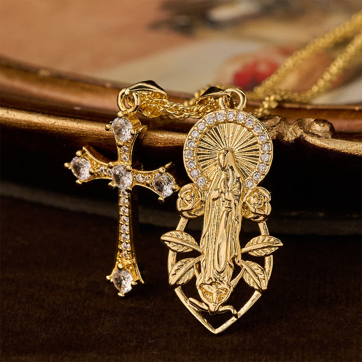 Ornate Our Lady & Winged Cross Faith Necklace Set: Emblem of Spiritual Protection