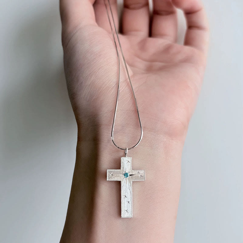 Star-Engraved CZ Cross Pendant Necklace: Emblem of Divine Light & Faith