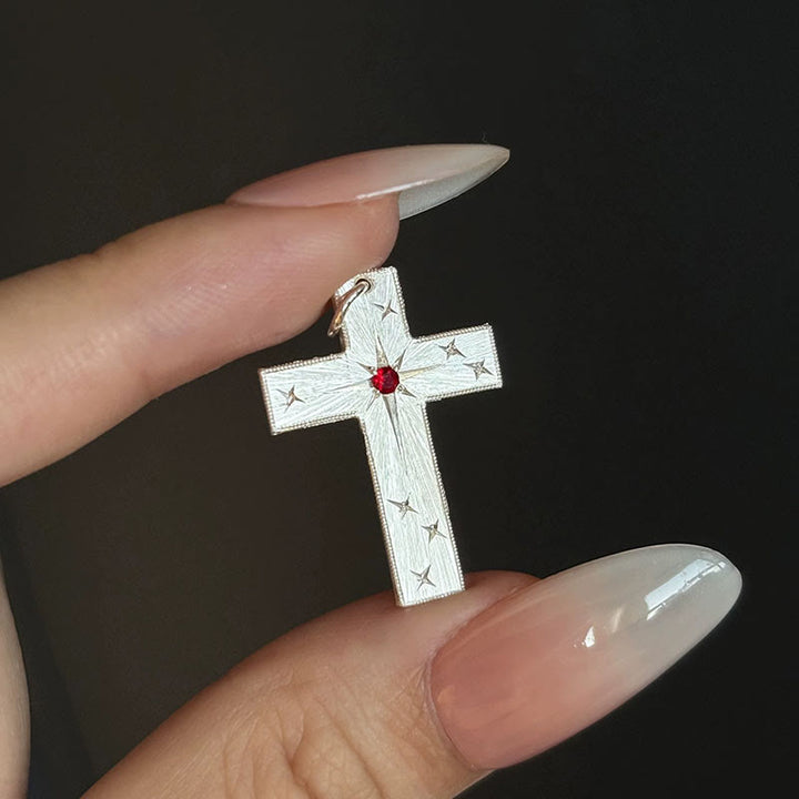 Star-Engraved CZ Cross Pendant Necklace: Emblem of Divine Light & Faith