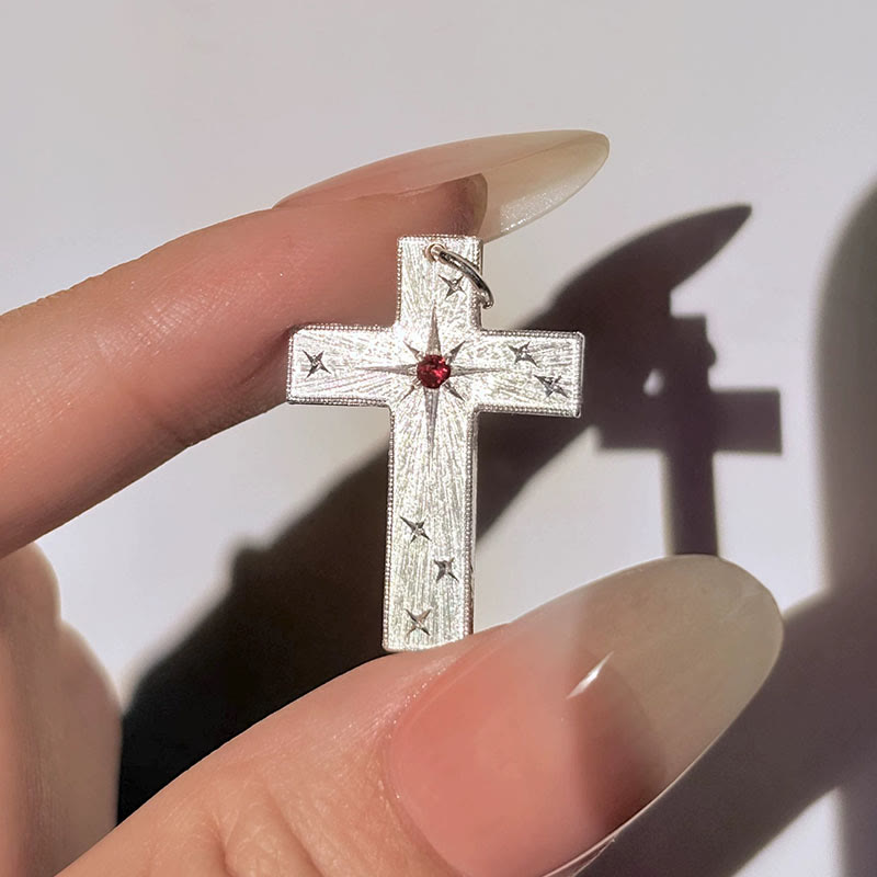 Star-Engraved CZ Cross Pendant Necklace: Emblem of Divine Light & Faith
