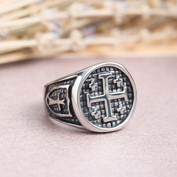 Jerusalem Cross Round & Square Signet Ring: Emblem of Faith’s Unity