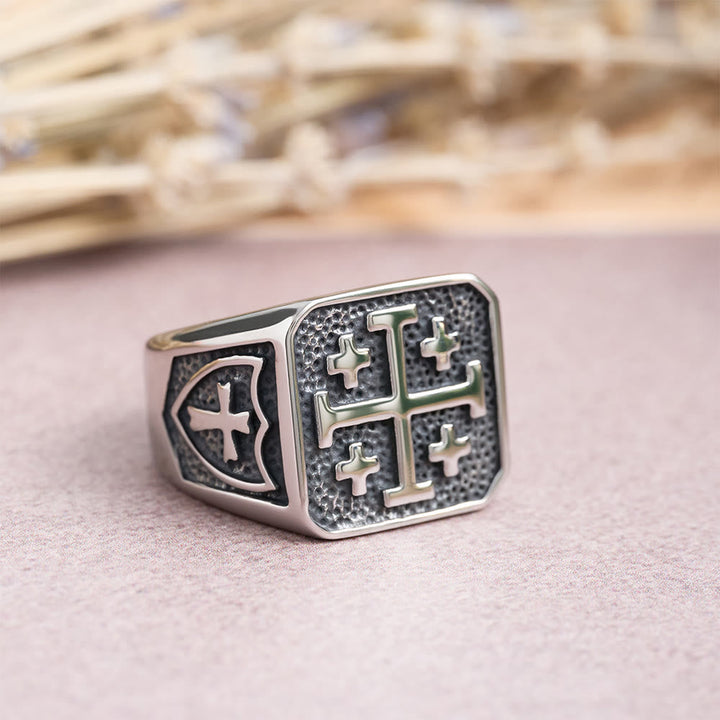Jerusalem Cross Round & Square Signet Ring: Emblem of Faith’s Unity