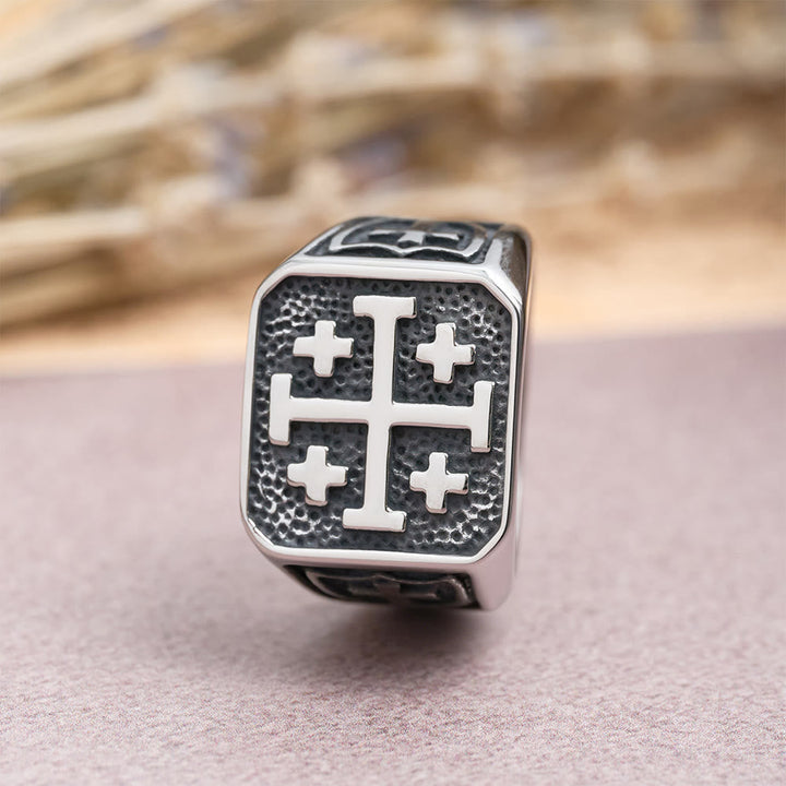 Jerusalem Cross Round & Square Signet Ring: Emblem of Faith’s Unity