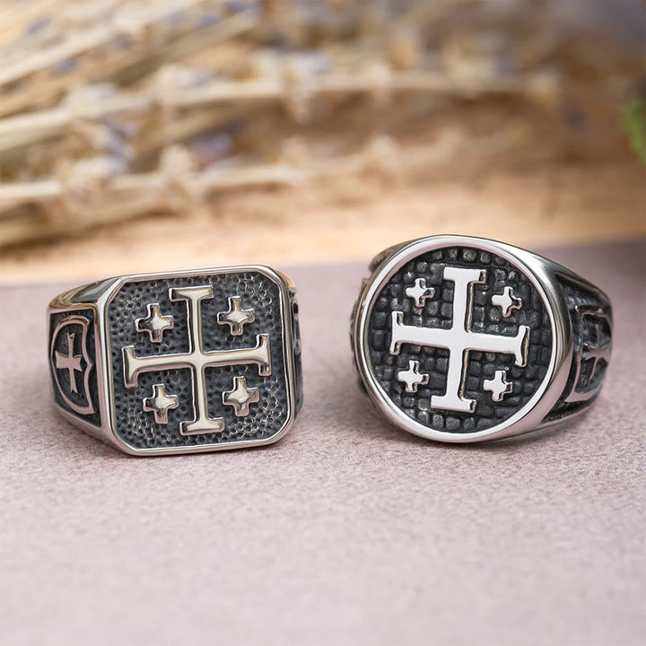 Jerusalem Cross Round & Square Signet Ring: Emblem of Faith’s Unity