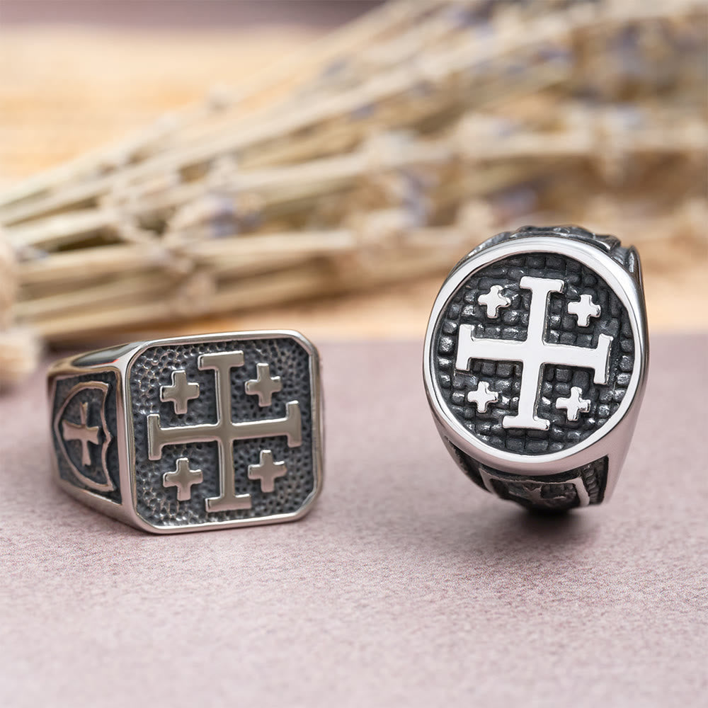 Jerusalem Cross Round & Square Signet Ring: Emblem of Faith’s Unity