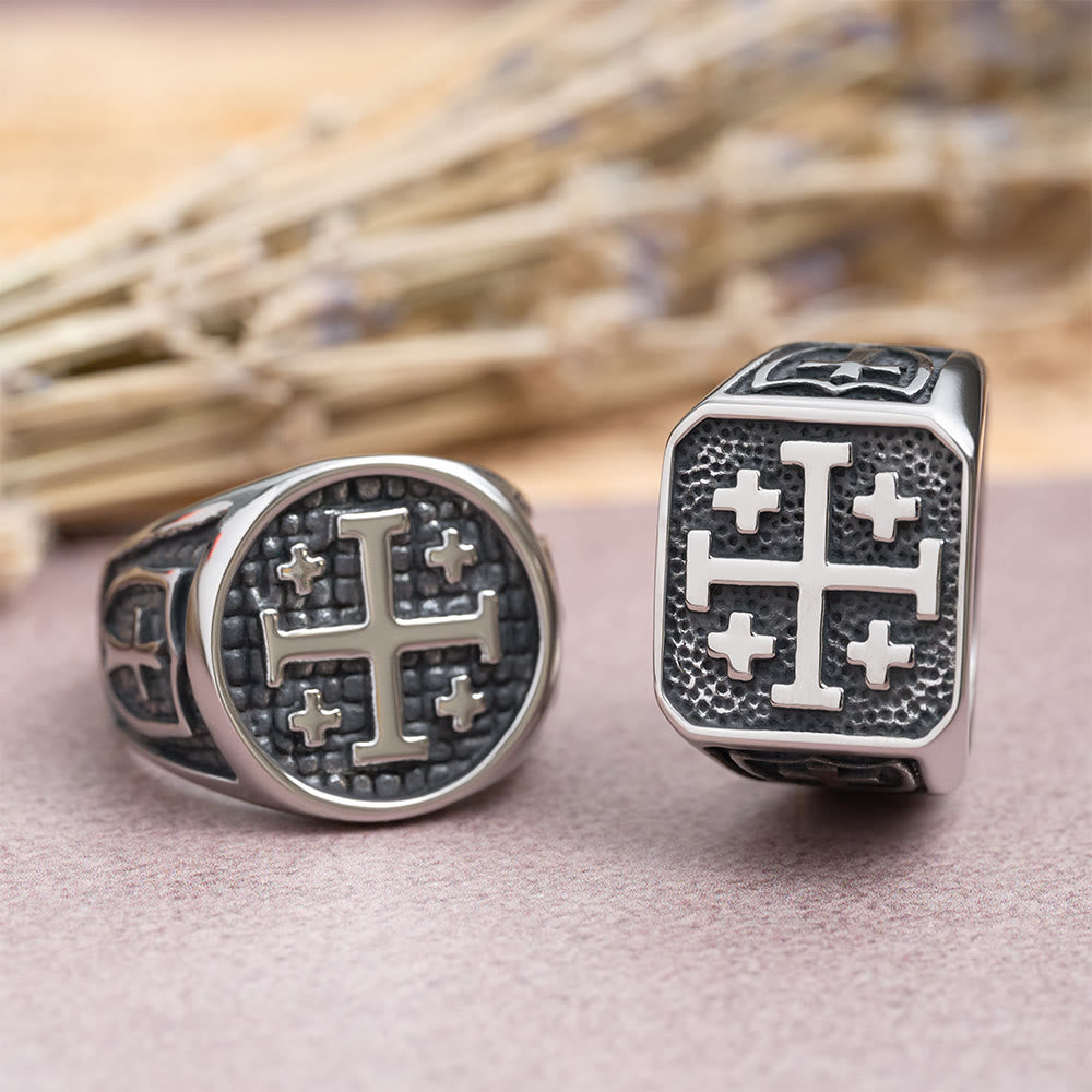 Jerusalem Cross Round & Square Signet Ring: Emblem of Faith’s Unity
