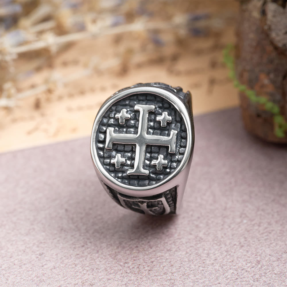 Jerusalem Cross Round & Square Signet Ring: Emblem of Faith’s Unity