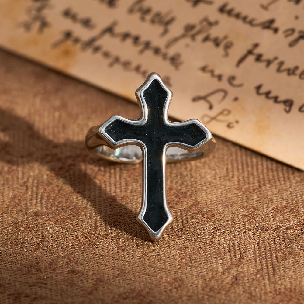 Four-Color Enamel Cross Open Ring: Emblem of Faith’s Light