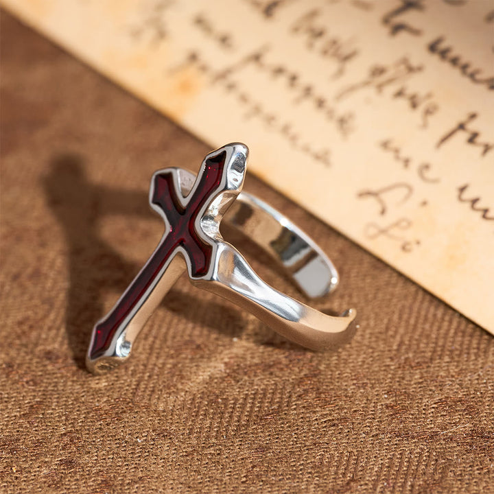 Four-Color Enamel Cross Open Ring: Emblem of Faith’s Light