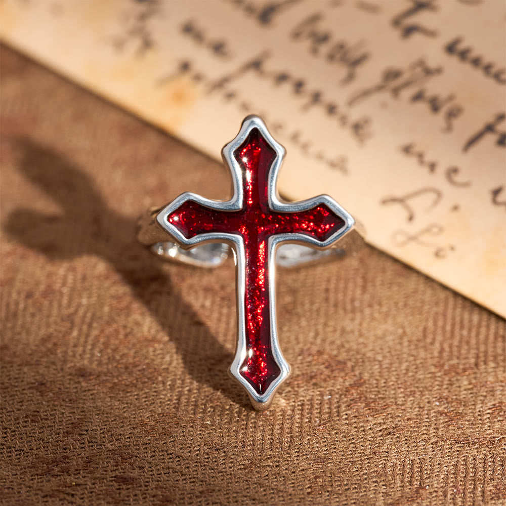 Four-Color Enamel Cross Open Ring: Emblem of Faith’s Light