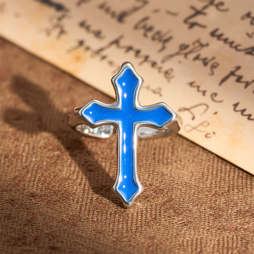 Four-Color Enamel Cross Open Ring: Emblem of Faith’s Light