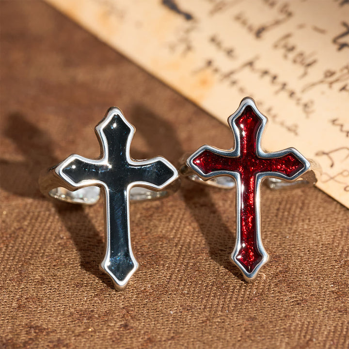 Four-Color Enamel Cross Open Ring: Emblem of Faith’s Light