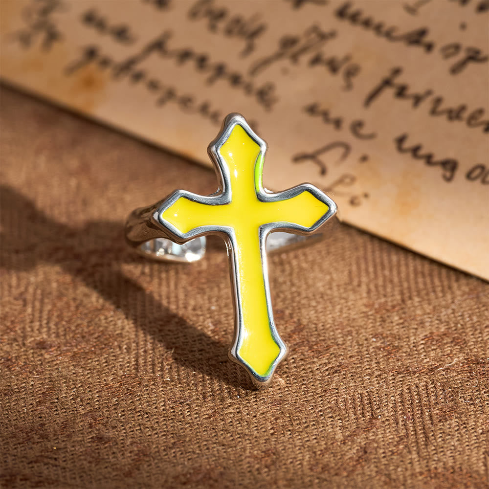 Four-Color Enamel Cross Open Ring: Emblem of Faith’s Light