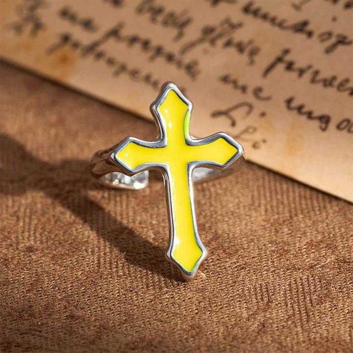 Four-Color Enamel Cross Open Ring: Emblem of Faith’s Light