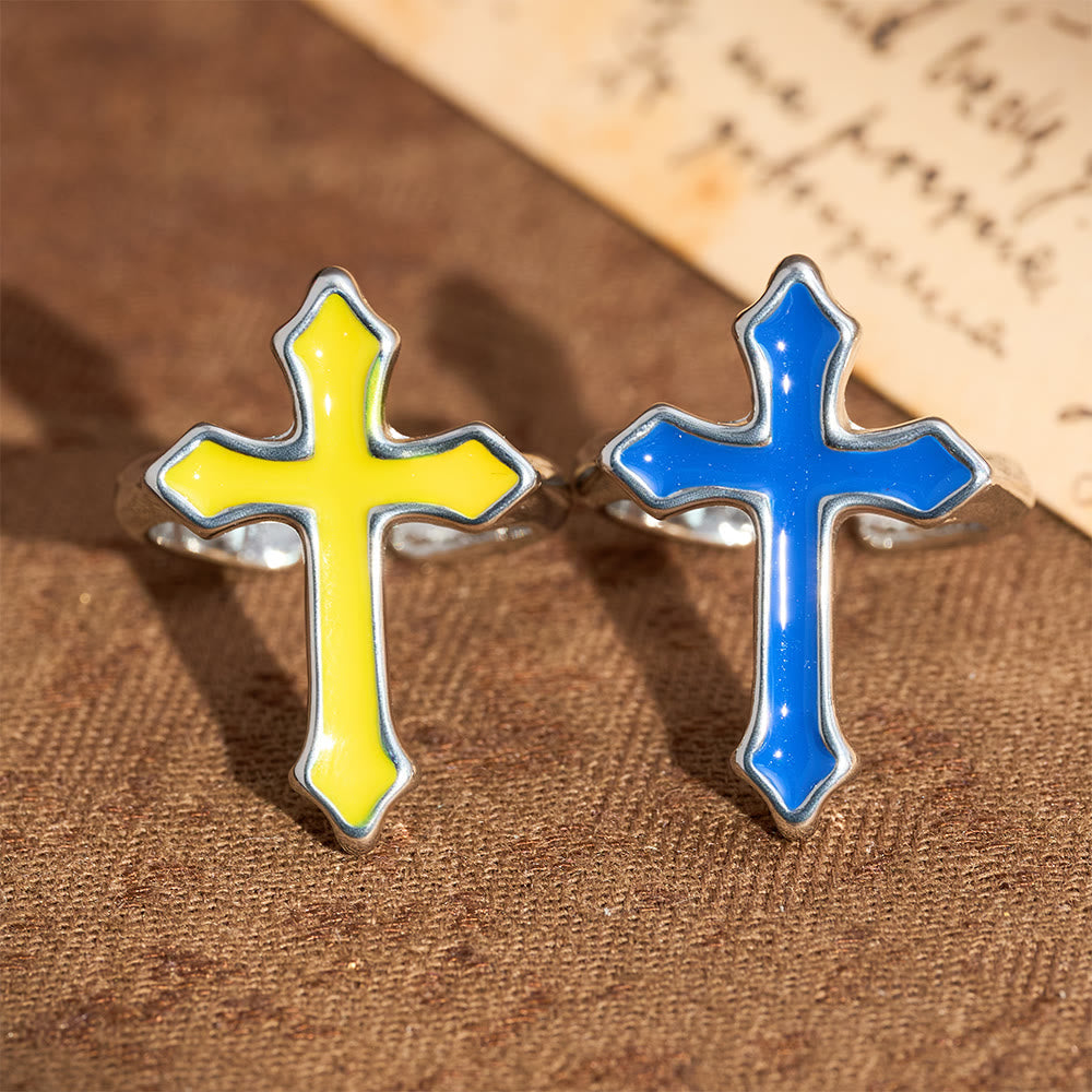 Four-Color Enamel Cross Open Ring: Emblem of Faith’s Light