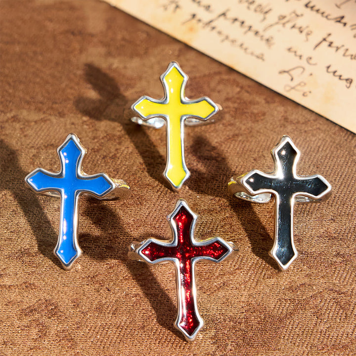 Four-Color Enamel Cross Open Ring: Emblem of Faith’s Light