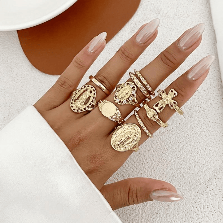 Golden & Silver Marian Cross Ring Set: A Token of Heavenly Devotion