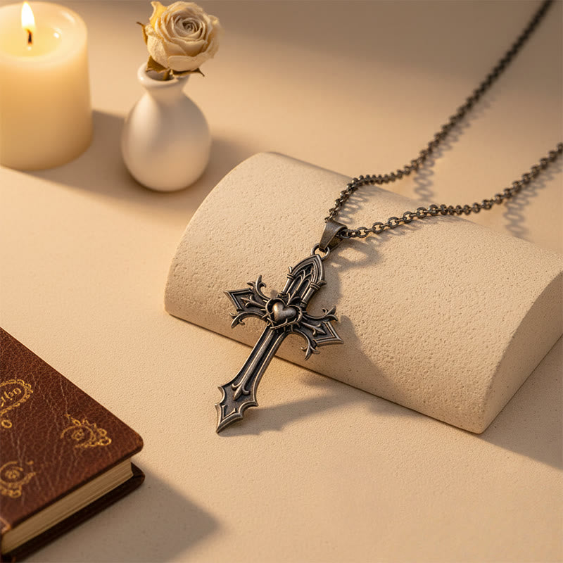 Crown of Thorns Gothic Cross Pendant Necklace: Emblem of Christ's Sacrifice & Redemption