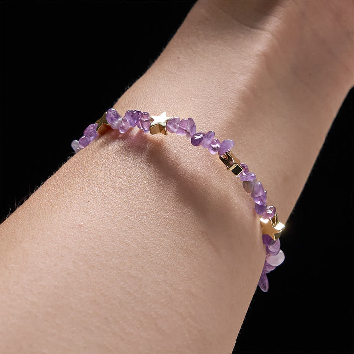 Natural Amethyst Chips Memory Wire Rosary Bracelet with Our Lady Medal