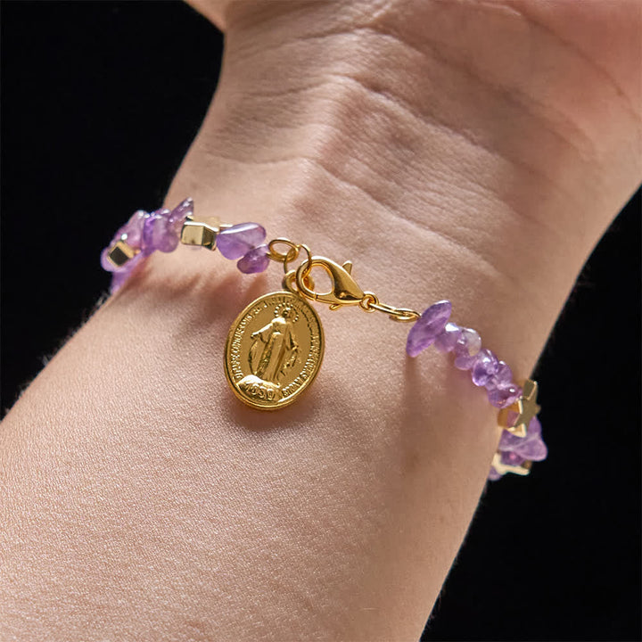 Natural Amethyst Chips Memory Wire Rosary Bracelet with Our Lady Medal