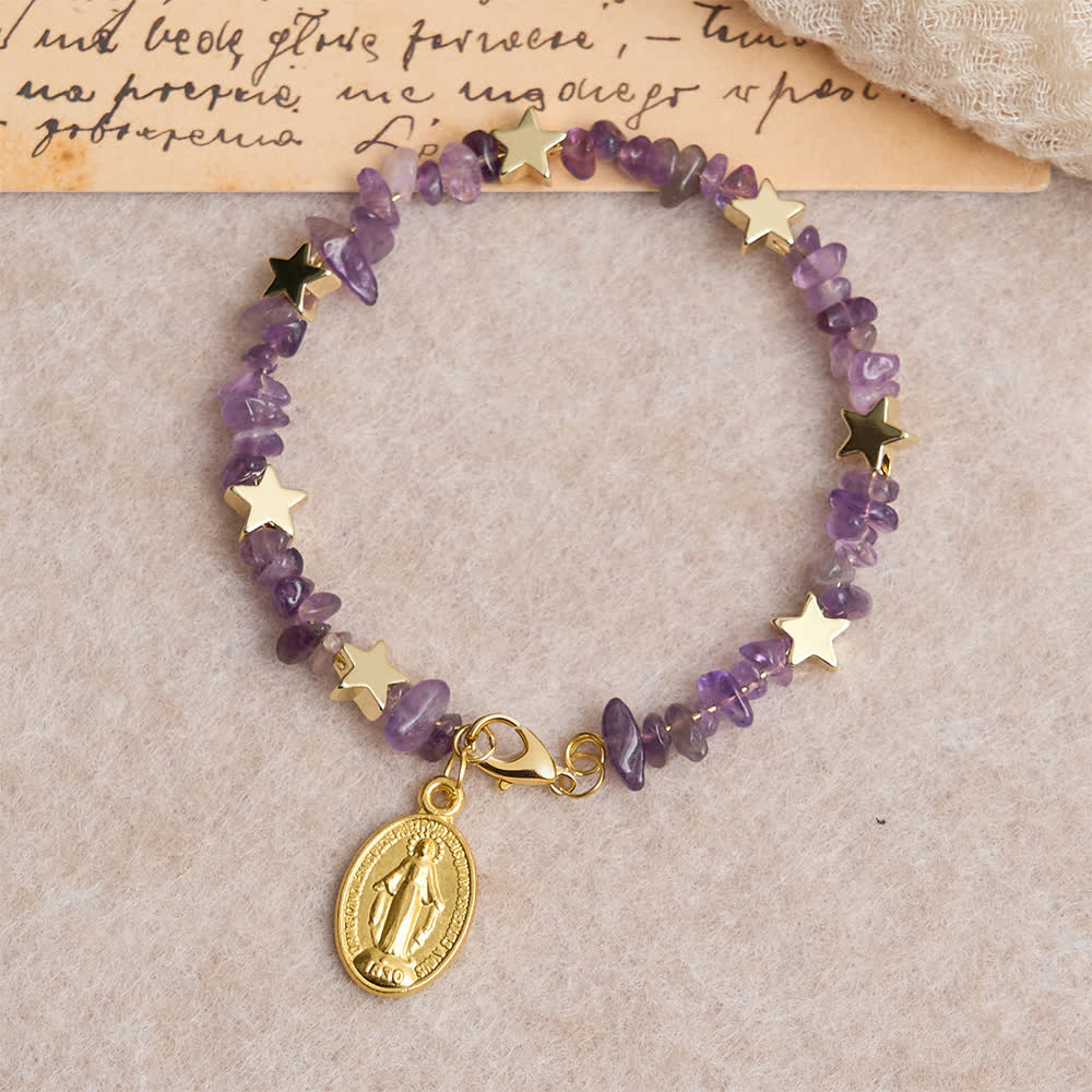 Natural Amethyst Chips Memory Wire Rosary Bracelet with Our Lady Medal