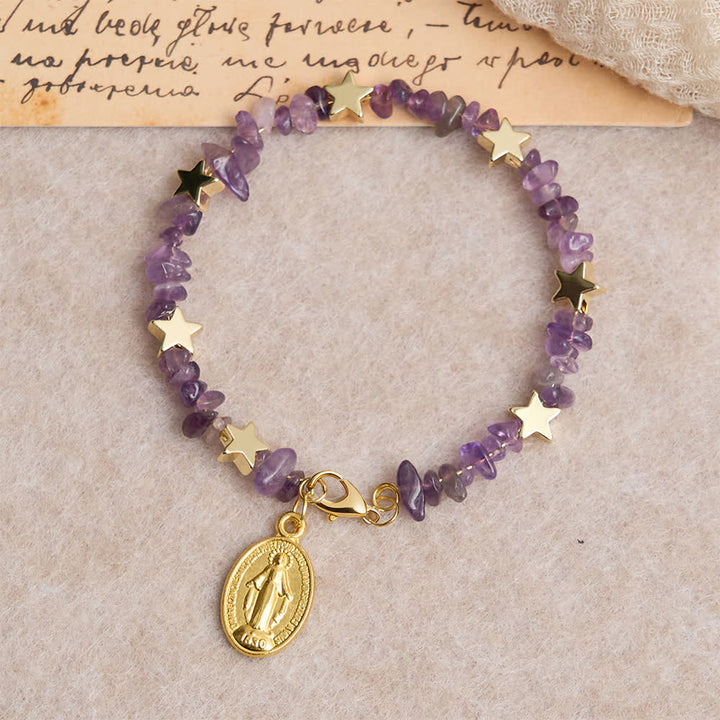 Natural Amethyst Chips Memory Wire Rosary Bracelet with Our Lady Medal