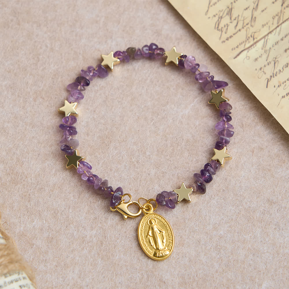 Natural Amethyst Chips Memory Wire Rosary Bracelet with Our Lady Medal