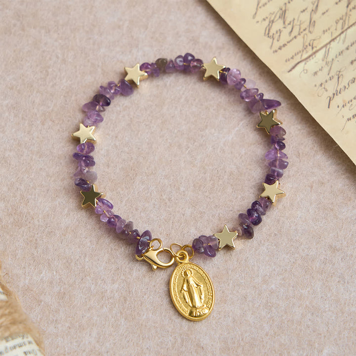 Natural Amethyst Chips Memory Wire Rosary Bracelet with Our Lady Medal